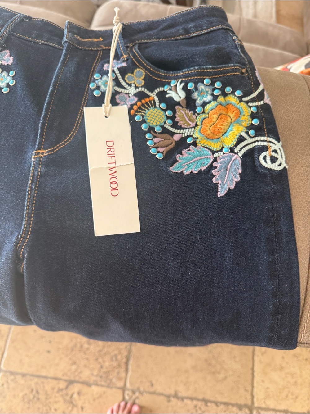 DRIFTWOOD Dark Blue High-Rise Jeans with Floral Embroidery